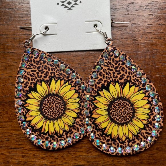 Bundle 3 for $12. Statement Earrings – Sunflower & Leopard Print w/ Rhinestones - Picture 1 of 3